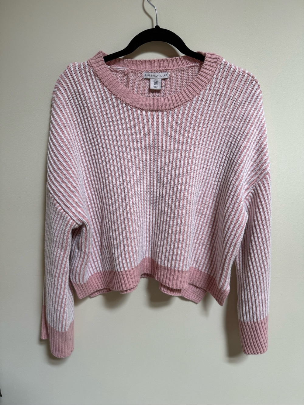 Sincerely Jules Pink & White Ribbed Crewneck Sweater